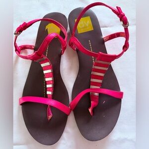 Preowned DV by Dolce Vita Hot Pink T-Strap Flat Sandals Metallic Stripes Sz 8